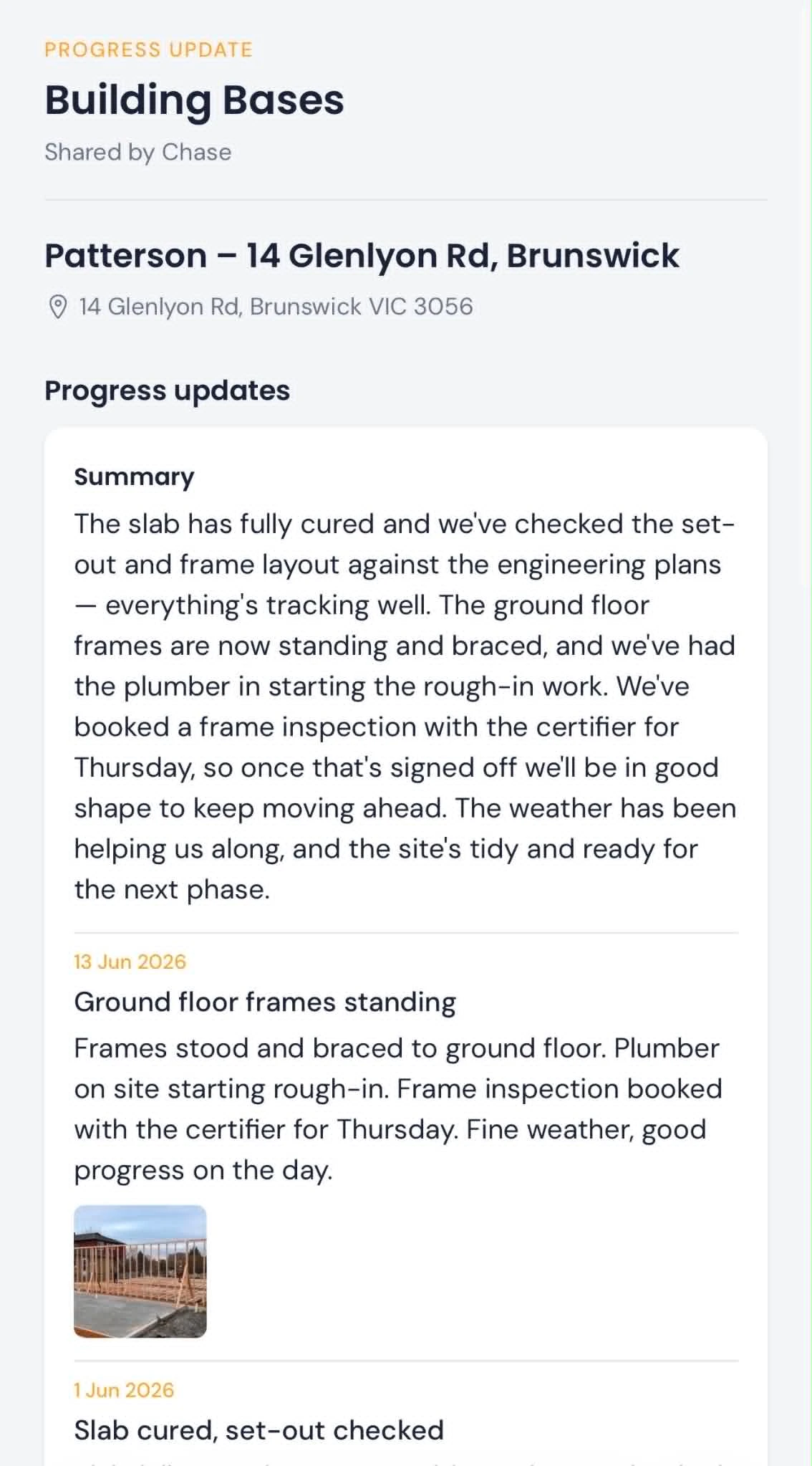 The client share page: a progress update with photos, viewed with no login