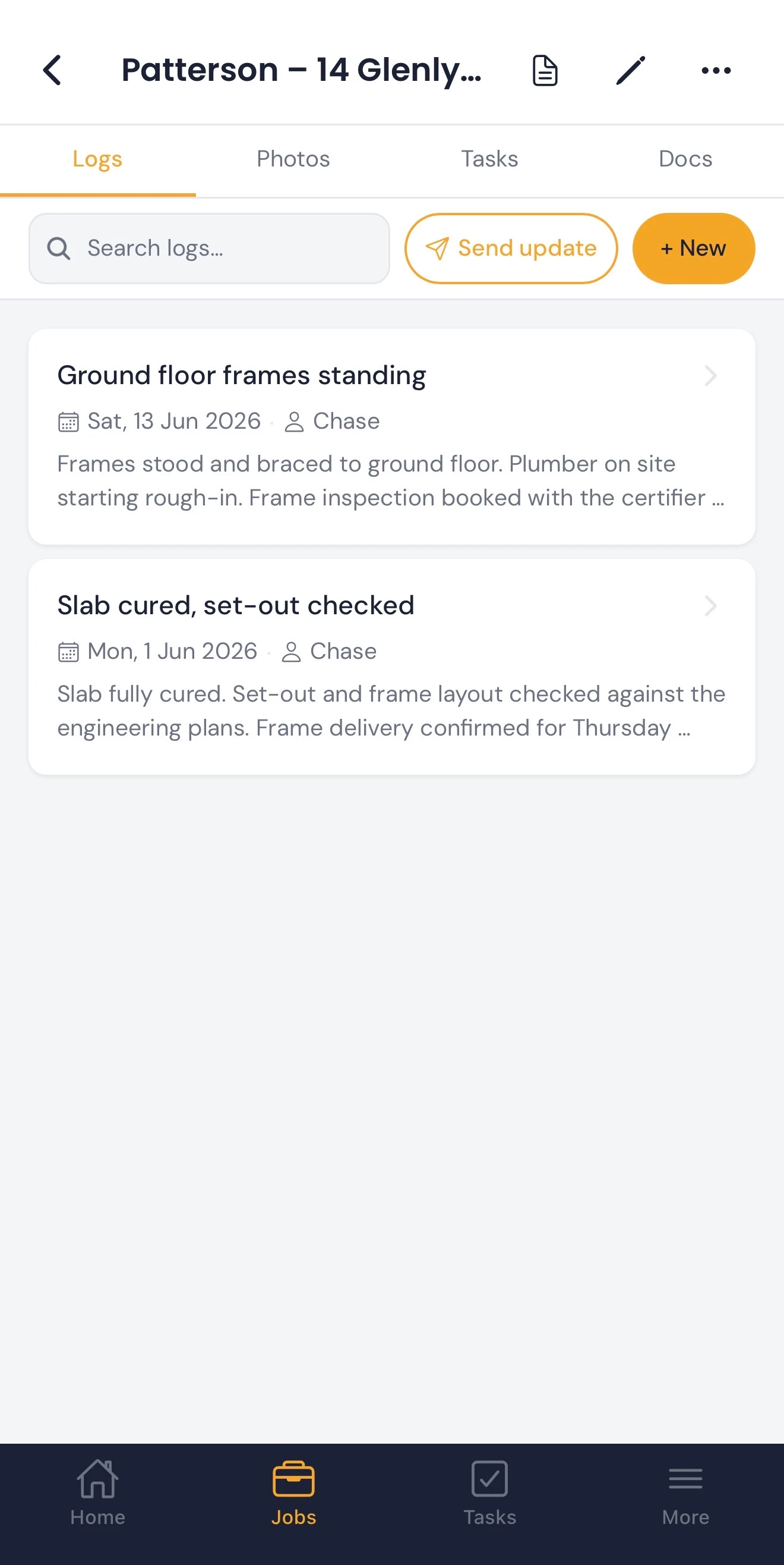 A job’s daily logs listed newest first in Titus on a phone
