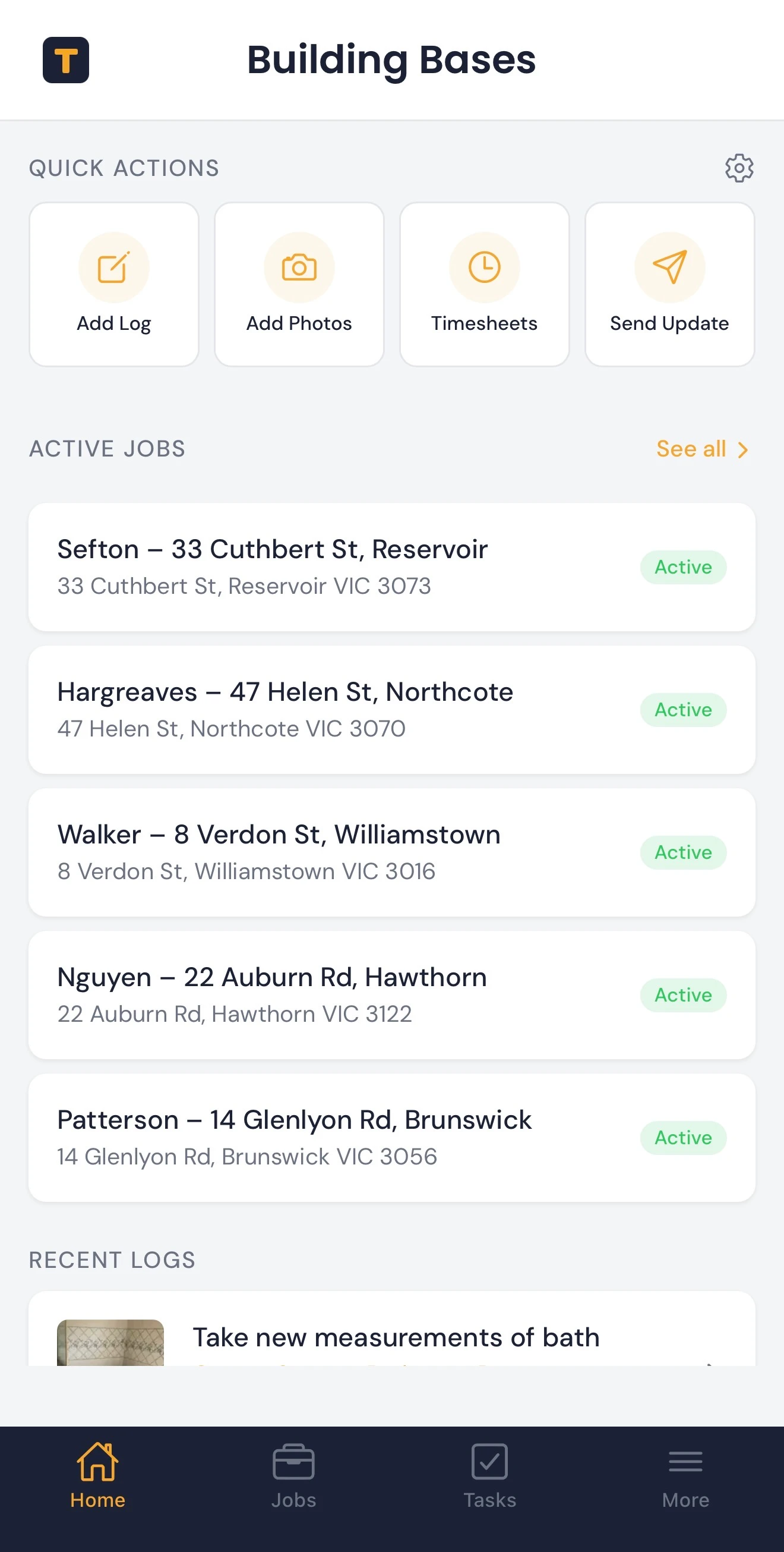The Titus Home screen with quick-action buttons and active jobs