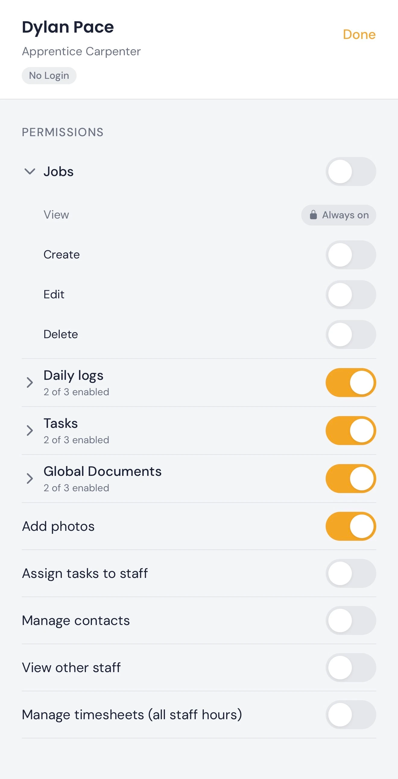 Per-person permission toggles for a team member in Titus