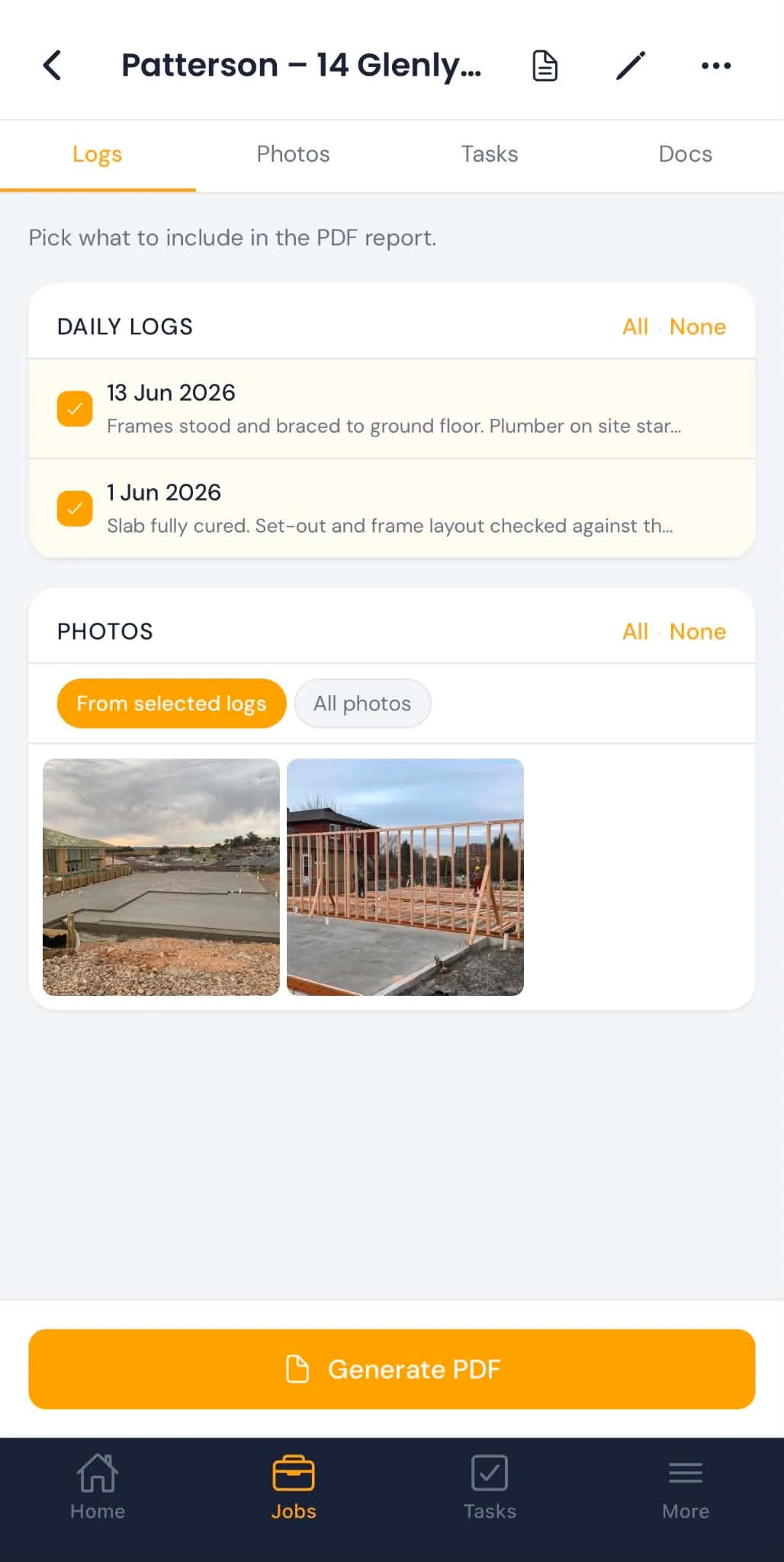 Picking the logs and photos to include, then generating a PDF report in Titus
