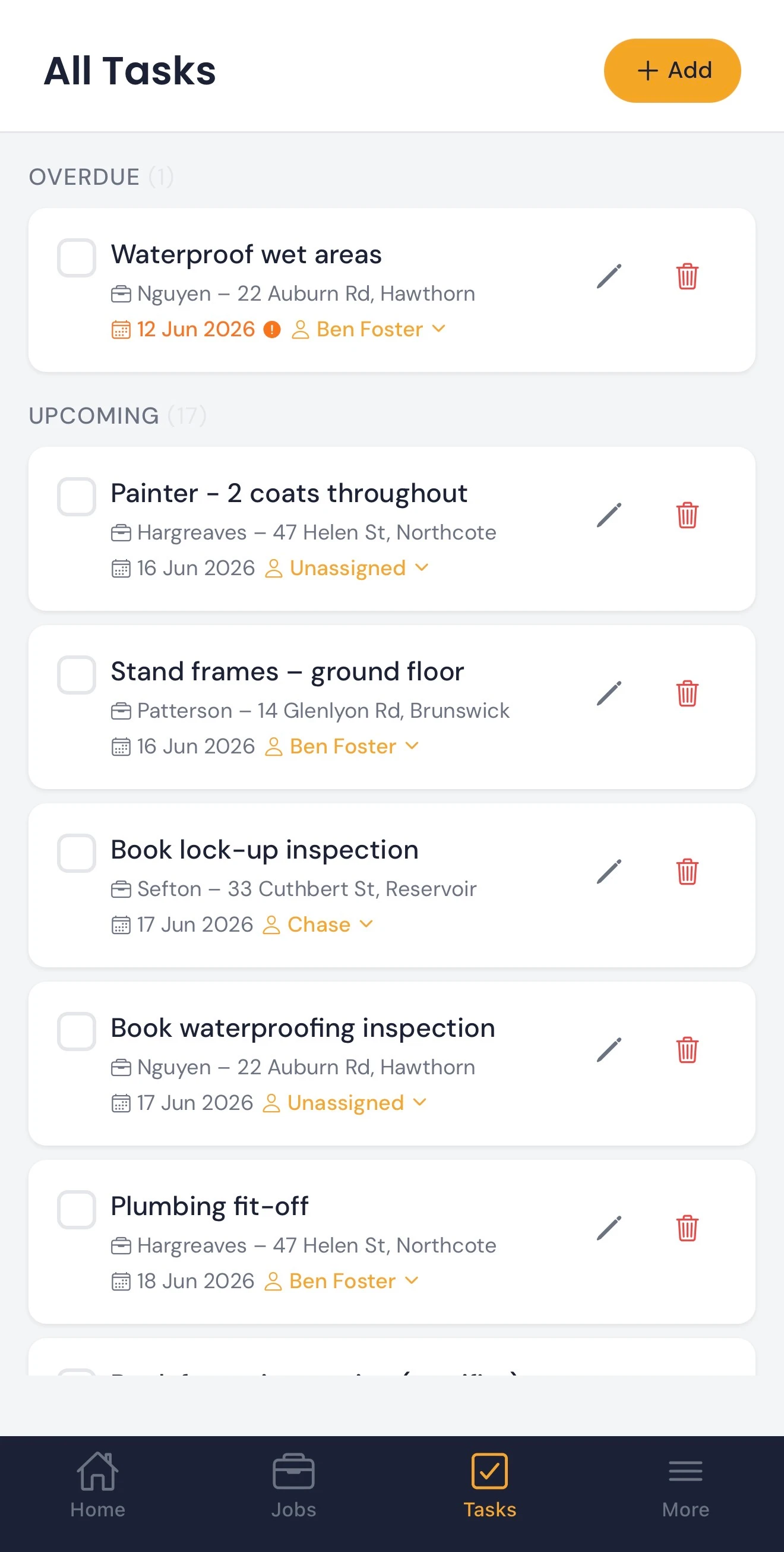 Overdue and upcoming tasks across jobs in Titus
