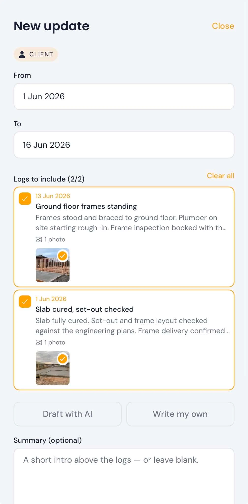 Building a client Update: pick the logs and photos, then draft with AI or write your own