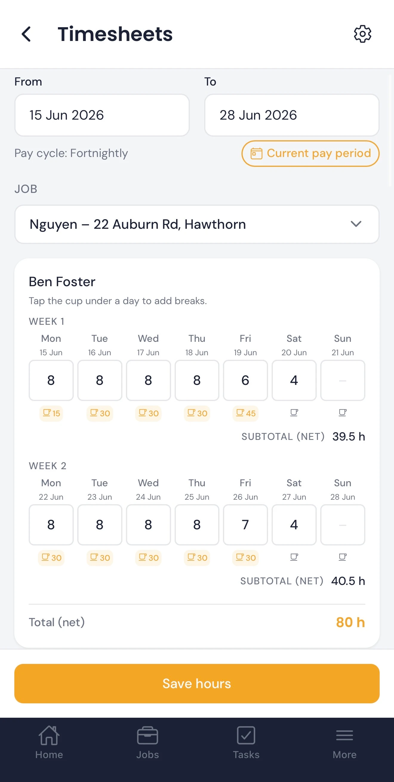 A fortnightly timesheet with hours per day in Titus